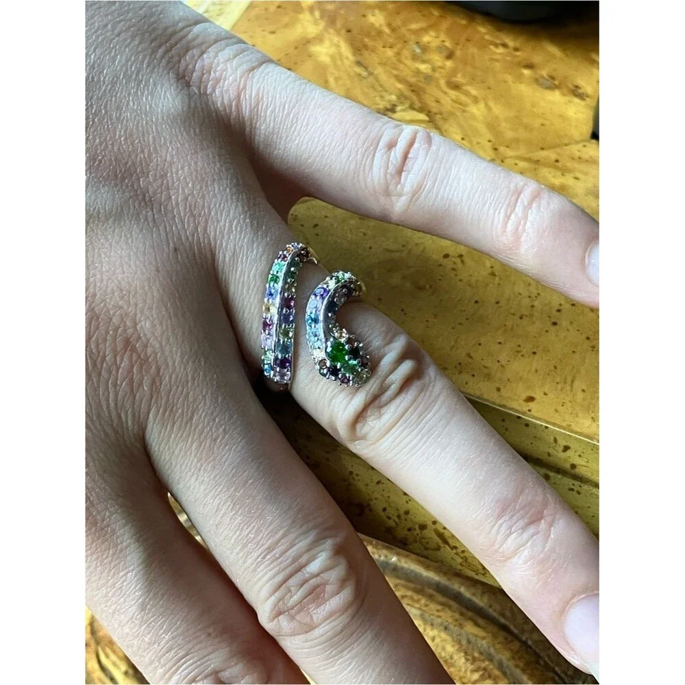 Natural Multi Gemstone Sterling Silver Snake Ring Size 6